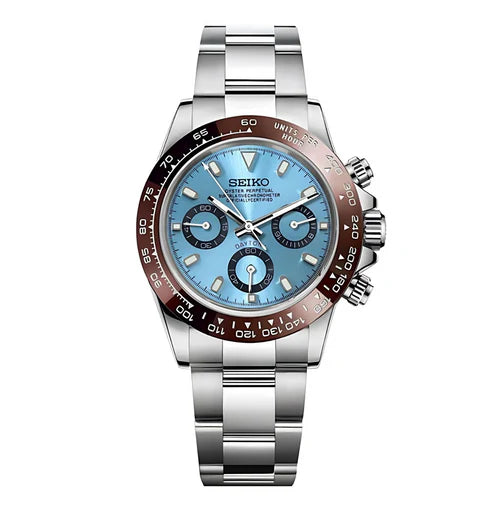 D-Racing "Ice Blue W/Brown" - Reloj personalizado con cristal de zafiro y acero inoxidable 316L | XP Watch Co.