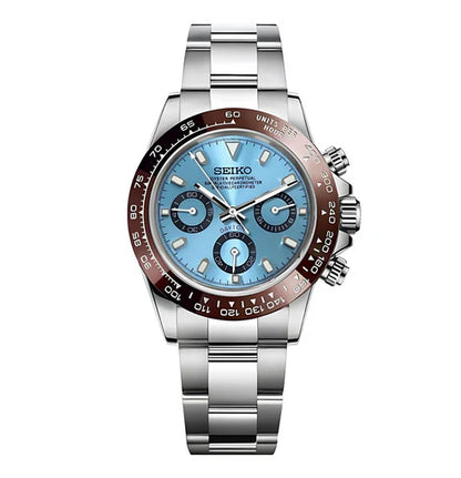 D-Racing "Ice Blue W/Brown" - Reloj personalizado con cristal de zafiro y acero inoxidable 316L | XP Watch Co.