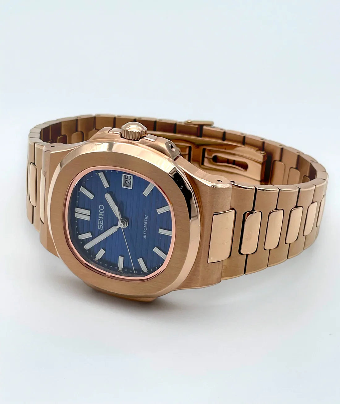 Nautic Mod "Rose Gold W/Ocean Blue" - Reloj personalizado con cristal de zafiro y acero inoxidable 316L | XP Watch Co.