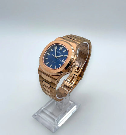 Nautic Mod "Rose Gold W/Ocean Blue" - Reloj personalizado con cristal de zafiro y acero inoxidable 316L | XP Watch Co.