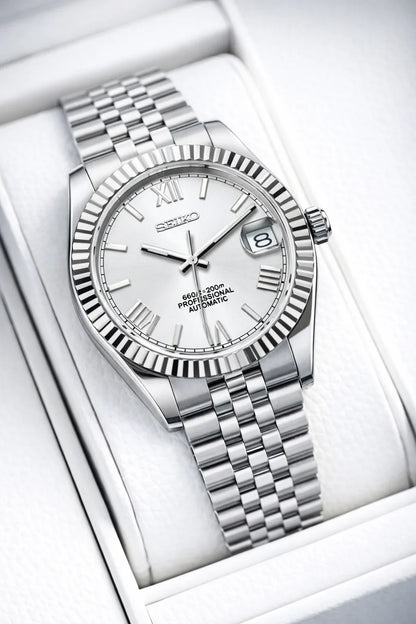DJ-Fluted "White Roman" - Reloj personalizado con movimiento automático NH35 y cristal de zafiro | XP Watch Co.