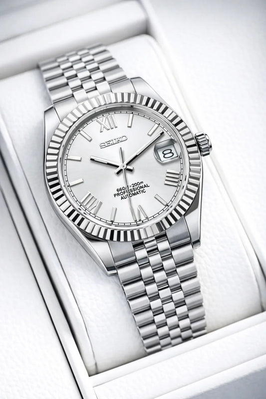 DJ-Fluted "White Roman" - Reloj personalizado con movimiento automático NH35 y cristal de zafiro | XP Watch Co.