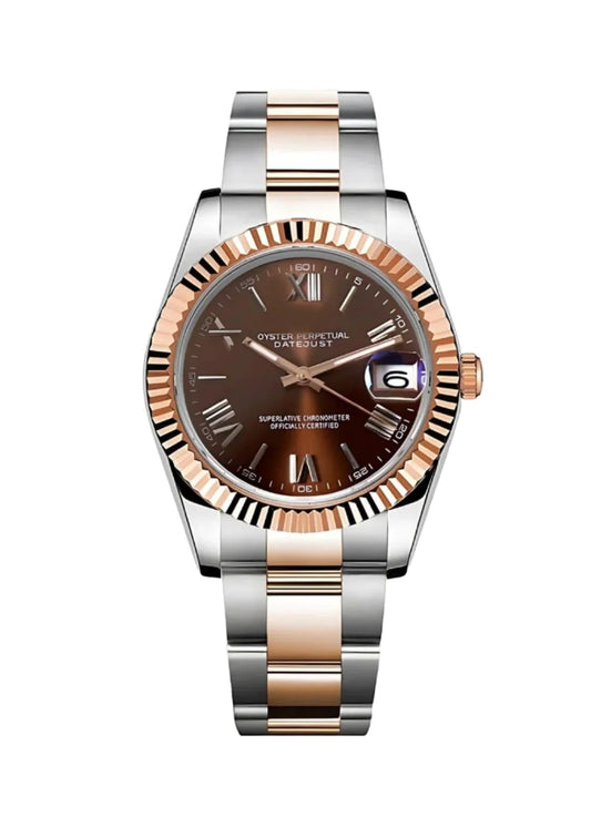 DJ-Fluted "Roman Brown" Rose Gold Two-Tone - Reloj personalizado con cristal de zafiro y acero inoxidable 316L | XP Watch Co.
