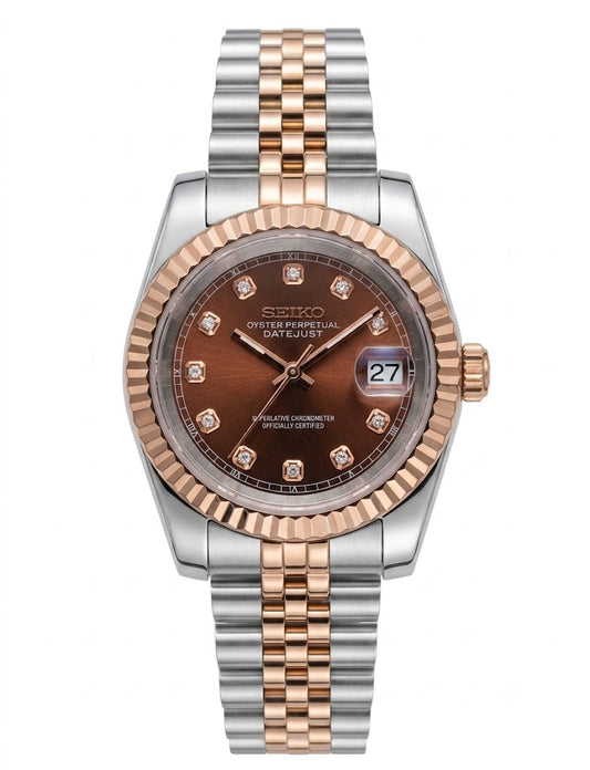 DJ-Fluted "Rose Gold Crystal Champagne" - Reloj personalizado con cristal de zafiro y acero inoxidable 316L | XP Watch Co.