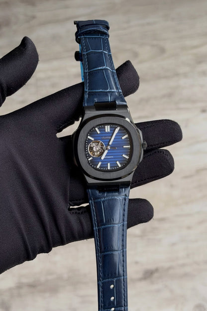 Nautic Dark Black Knight Blue Leather - Reloj personalizado con cristal de zafiro | XP Watch Co.