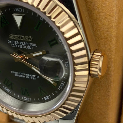 DJ-Fluted "Two Tone gold W/Black Roman" (Wimbledon) - Reloj personalizado con cristal de zafiro | XP Watch Co.