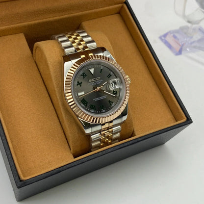 DJ-Fluted "Two Tone gold W/Black Roman" (Wimbledon) - Reloj personalizado con cristal de zafiro | XP Watch Co.