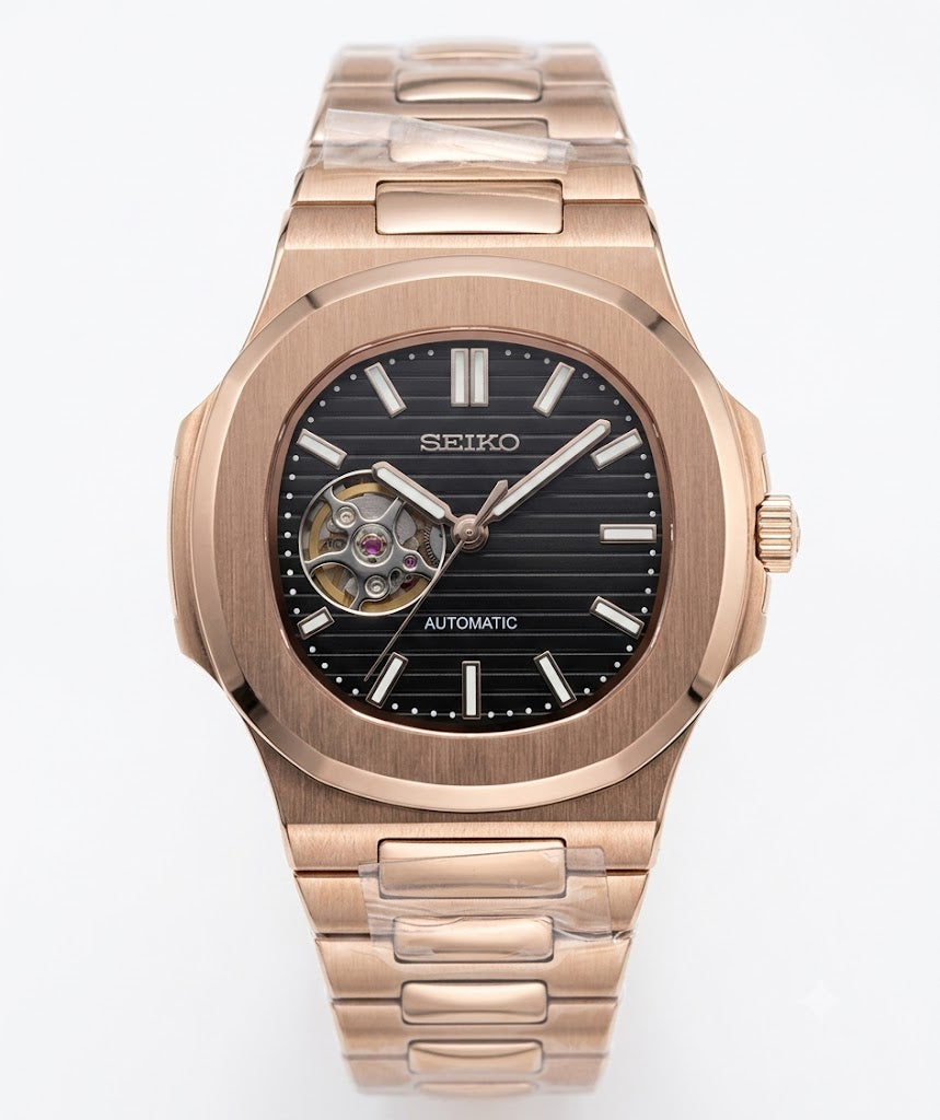Nautic "Open Heart" Rose Gold Black - Reloj personalizado con movimiento automático NH35 y cristal de zafiro | XP Watch Co.