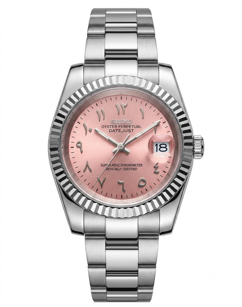 DJ-Fluted "Pink" Árabe - Reloj personalizado con cristal de zafiro y acero inoxidable 316L | XP Watch Co.