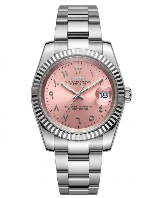 DJ-Fluted "Pink" Árabe - Reloj personalizado con cristal de zafiro y acero inoxidable 316L | XP Watch Co.
