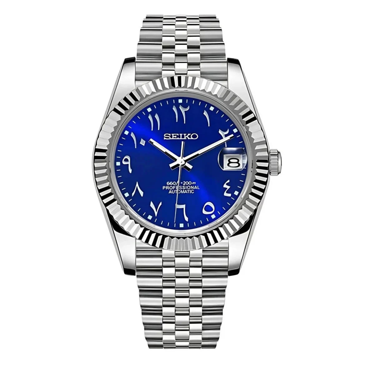 DJ-Fluted "Vivid Blue" Árabe - Reloj personalizado con movimiento automático NH35 y cristal de zafiro | XP Watch Co.