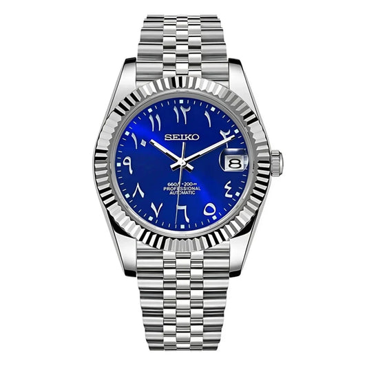 DJ-Fluted "Vivid Blue" Árabe - Reloj personalizado con movimiento automático NH35 y cristal de zafiro | XP Watch Co.