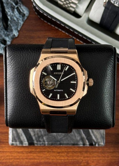 Nautic "Open Heart" Rose Gold Black - Reloj personalizado con movimiento automático NH35 y cristal de zafiro | XP Watch Co.