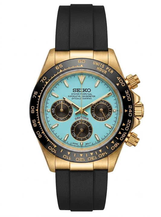 D-Racing "Gold Tiffany" Rubber - Reloj personalizado con cristal de zafiro y cronógrafo VK63 | XP Watch Co.