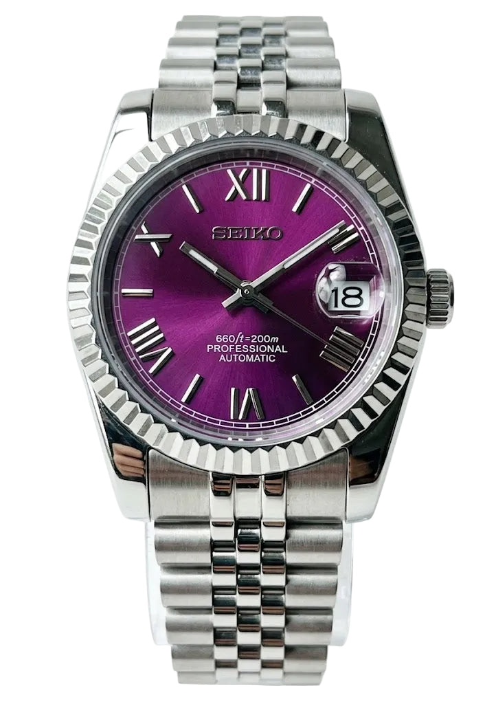 DJ-Fluted "Violet Purple" Roman - Reloj personalizado con cristal de zafiro y acero inoxidable 316L | XP Watch Co.