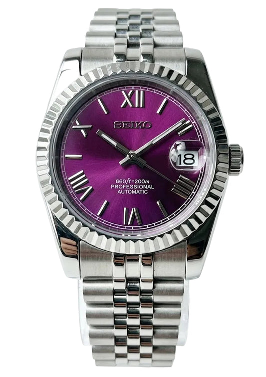DJ-Fluted "Violet Purple" Roman - Reloj personalizado con cristal de zafiro y acero inoxidable 316L | XP Watch Co.