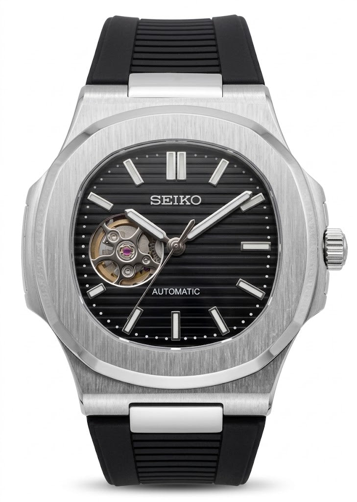Nautic "Open Heart" Black Rubber - Reloj automático personalizado con cristal de zafiro | XP Watch Co.