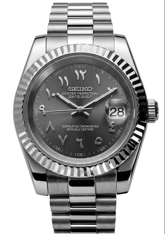 DJ-Fluted Mod "Grey Rhodium" Árabe - Reloj personalizado con cristal de zafiro y acero inoxidable 316L | XP Watch Co.