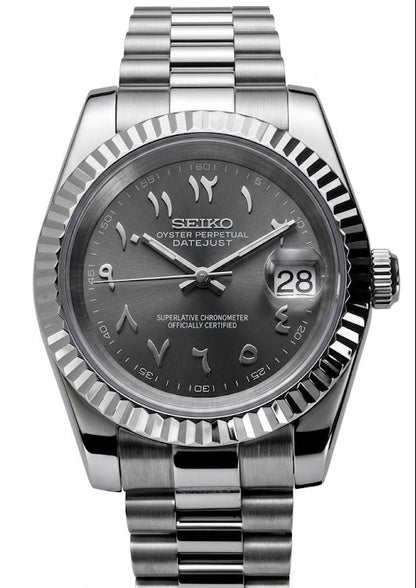 DJ-Fluted Mod "Grey Rhodium" Árabe - Reloj personalizado con cristal de zafiro y acero inoxidable 316L | XP Watch Co.