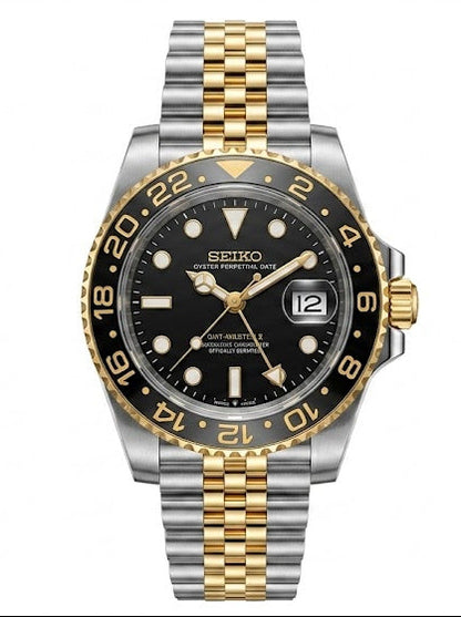GMT Dual-Time Dual-Time "Two-tone Gold Black" - Reloj personalizado con cristal de zafiro y acero inoxidable 316L | XP Watch Co.