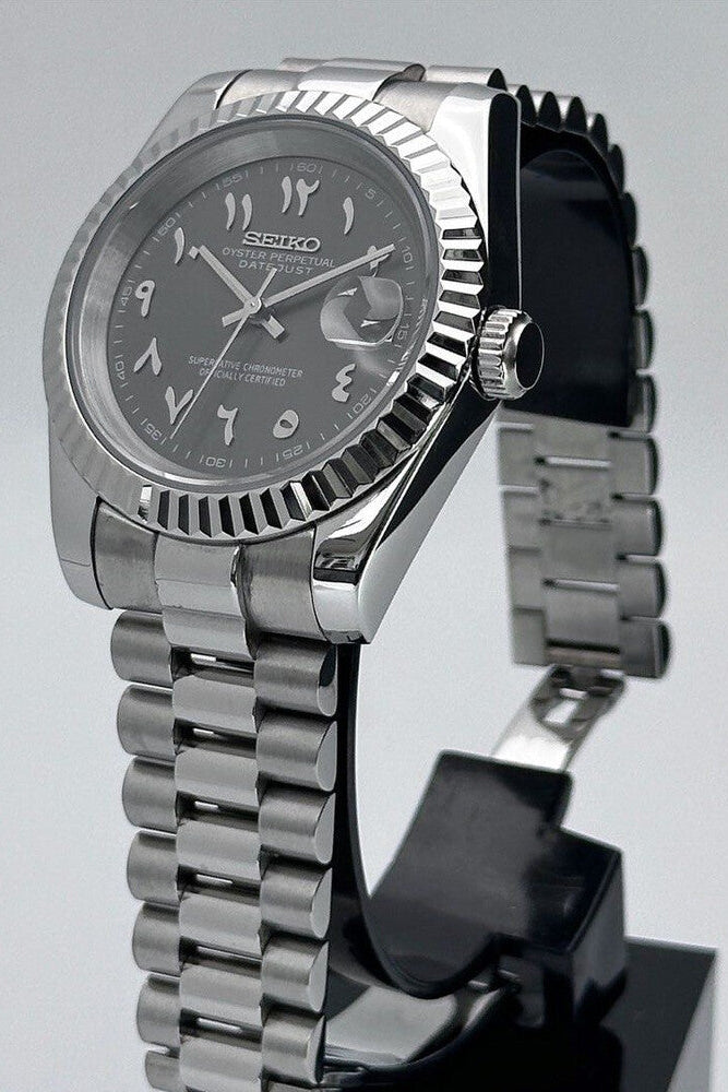 DJ-Fluted Mod "Grey Rhodium" Árabe - Reloj personalizado con cristal de zafiro y acero inoxidable 316L | XP Watch Co.