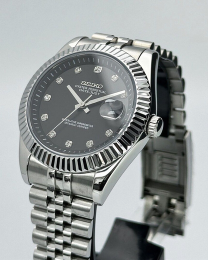 DJ-Fluted "Silver" Black Dial - Reloj personalizado con cristal de zafiro y acero inoxidable 316L | XP Watch Co.