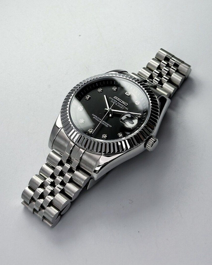 DJ-Fluted "Silver" Black Dial - Reloj personalizado con cristal de zafiro y acero inoxidable 316L | XP Watch Co.
