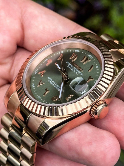 DJ-Fluted RG Arabic "Olive Green" con movimiento NH35, cristal zafiro y acero 316L | XP Watch Co.