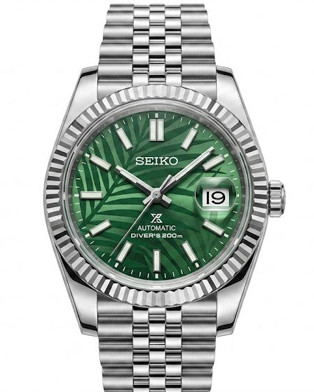 DJ-Fluted "Palmera Verde" - Reloj mecánico personalizado con cristal de zafiro y acero inoxidable 316L | XP Watch Co.