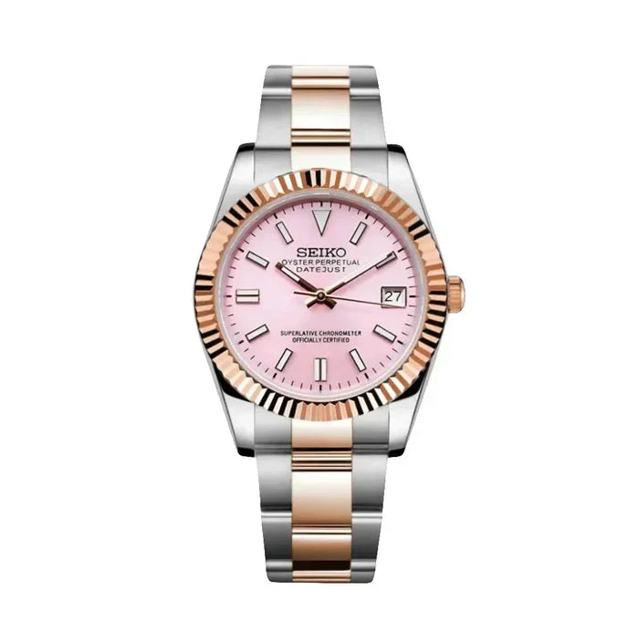 DJ-Fluted "Pink dual tone" Árabe con movimiento NH35, cristal zafiro, acero 316L | XP Watch Co.