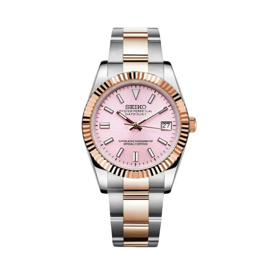 DJ-Fluted "Pink dual tone" Árabe con movimiento NH35, cristal zafiro, acero 316L | XP Watch Co.