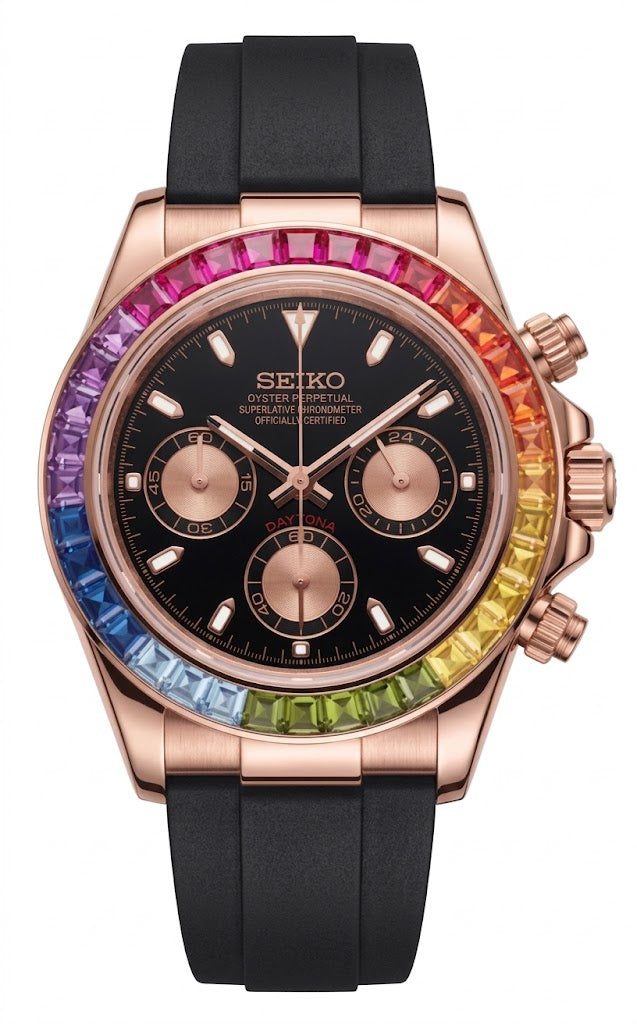 D-Racing "Rainbow" Rose Gold - Reloj personalizado con cristal de zafiro y cronógrafo VK63 | XP Watch Co.