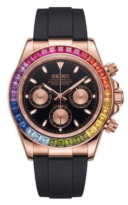 D-Racing "Rainbow" Rose Gold - Reloj personalizado con cristal de zafiro y cronógrafo VK63 | XP Watch Co.