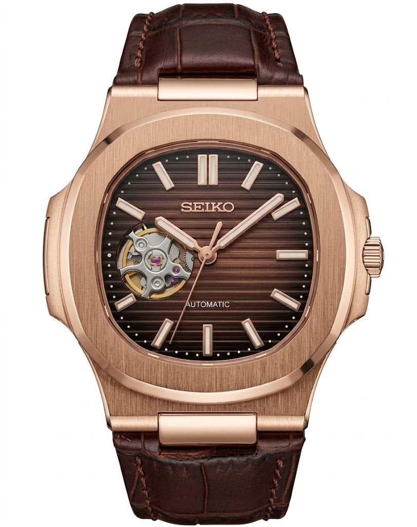 Nautic "Open Heart" Rose Gold Chocolate - Correa de Cuero - Reloj personalizado con movimiento NH35 | XP Watch Co.