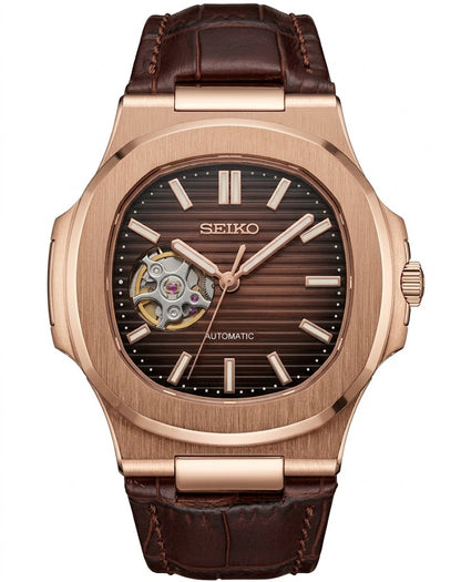 Nautic "Open Heart" Rose Gold Chocolate - Correa de Cuero - Reloj personalizado con movimiento NH35 | XP Watch Co.