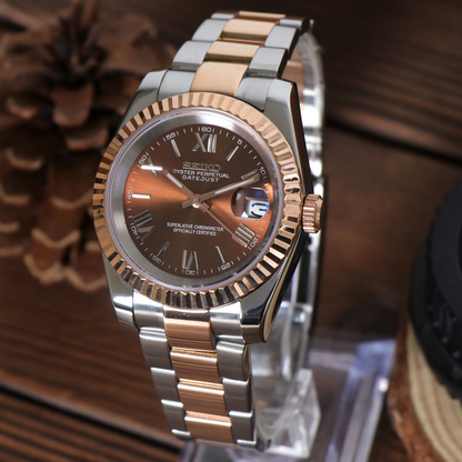 DJ-Fluted "Roman Brown" Rose Gold Two-Tone - Reloj personalizado con cristal de zafiro y acero inoxidable 316L | XP Watch Co.