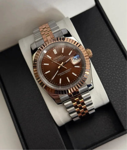 DJ-Fluted "Two Tone Rose Gold W/Brown" - Reloj personalizado con cristal de zafiro y acero inoxidable 316L | XP Watch Co.