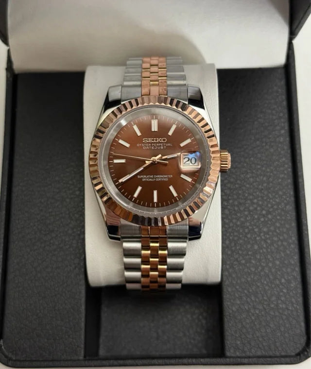 DJ-Fluted "Two Tone Rose Gold W/Brown" - Reloj personalizado con cristal de zafiro y acero inoxidable 316L | XP Watch Co.