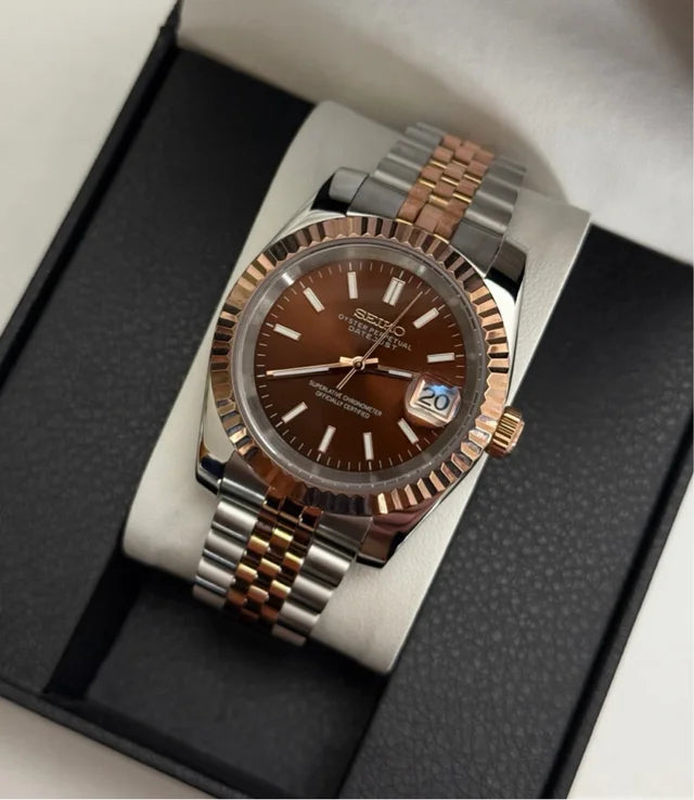 DJ-Fluted "Two Tone Rose Gold W/Brown" - Reloj personalizado con cristal de zafiro y acero inoxidable 316L | XP Watch Co.