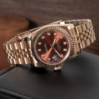 DJ-Fluted "Rose Gold Crystal Champagne" con movimiento NH35, cristal zafiro y acero 316L | XP Watch Co.