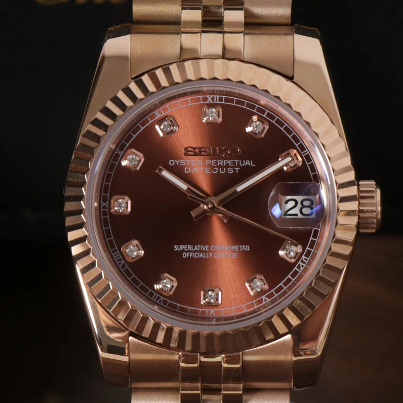 DJ-Fluted "Rose Gold Crystal Champagne" con movimiento NH70, cristal zafiro y acero 316L | XP Watch Co.