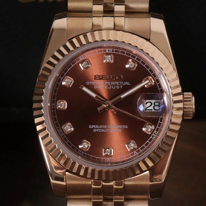 DJ-Fluted "Rose Gold Crystal Champagne" con movimiento NH70, cristal zafiro y acero 316L | XP Watch Co.
