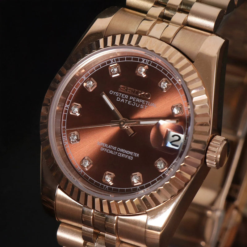 DJ-Fluted "Rose Gold Crystal Champagne" movimiento NH35, cristal zafiro y acero 316L | XP Watch Co.