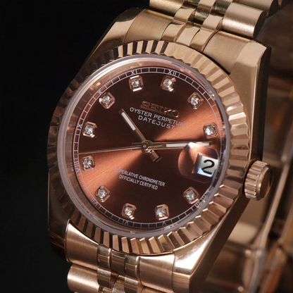 DJ-Fluted "Rose Gold Crystal Champagne" movimiento NH35, cristal zafiro y acero 316L | XP Watch Co.