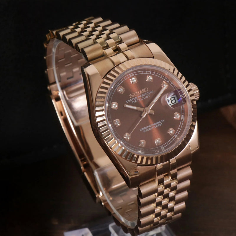 DJ-Fluted "Rose Gold Crystal Champagne" con movimiento NH35, cristal zafiro y acero 316L | XP Watch Co.