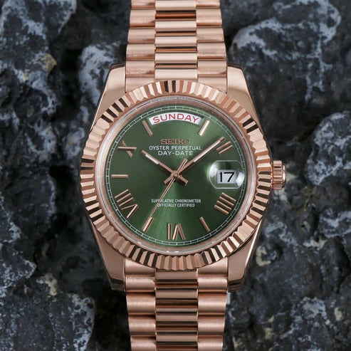 DD-President "Mint Green Roman Rose Gold" - Reloj personalizado con cristal de zafiro y acero inoxidable 316L | XP Watch Co.