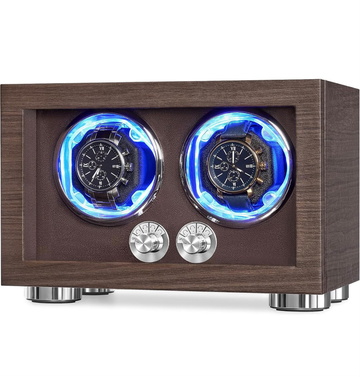 Enrollador para 2 relojes automáticos con acabado marrón, iluminación LED azul y dos controles frontales.
