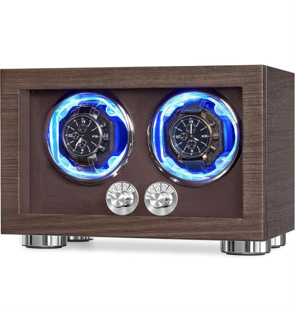 Enrollador para 2 relojes automáticos con acabado marrón, iluminación LED azul y dos controles frontales.
