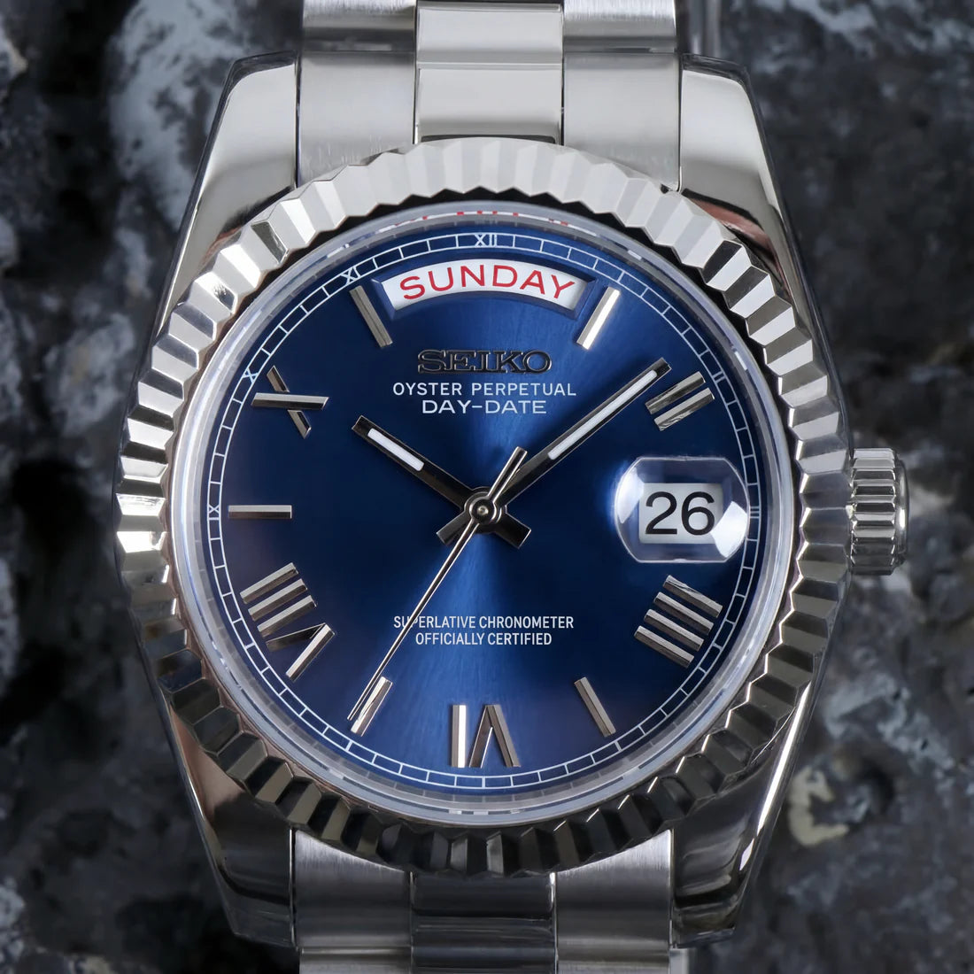 DD-President "Royal Blue Roman" - Reloj personalizado con cristal de zafiro y acero inoxidable 316L | XP Watch Co.