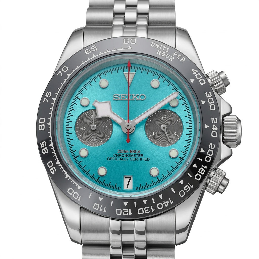 D-racing BlackBay Turquoise Chrono con esfera turquesa, imagen generada a partir del modelo Pink.